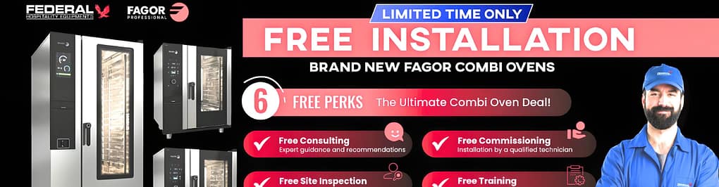 Free installation promo for new Fagor Combi Ovens by Federal Hospitality Equipment with six free perks including consulting, training, and commissioning