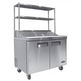 Atosa MSF8303OS 2-Door Sandwich Prep Fridge with overshelf, stainless steel build, ideal for quick meal preparation.