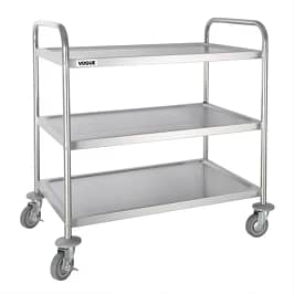 Vogue F995 Stainless Steel 3 Tier Clearing Trolley – 128kg Capacity, Braked Castors, Large Size for Commercial Use