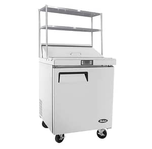 Atosa MSF8301OS 1-Door Sandwich Prep Fridge with overshelf, compact size perfect for small kitchens.