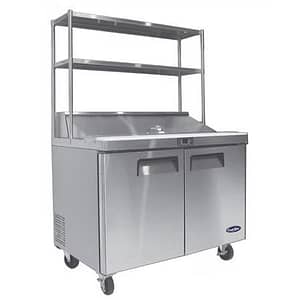 Atosa MSF8303OS 2-Door Sandwich Prep Fridge with overshelf, stainless steel build, ideal for quick meal preparation.