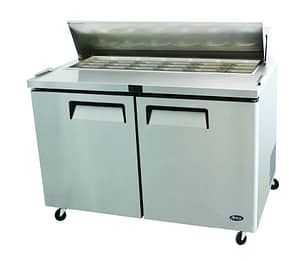 Atosa MSF8307 Mega Top 2-Door Sandwich Prep Fridge featuring spacious pan storage, stainless steel build, ideal for sandwich preparation.