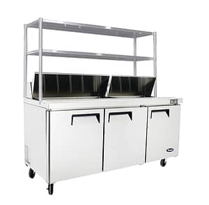 Atosa MSF8304OS 3-Door Sandwich Prep Fridge featuring overshelf & efficient refrigeration, ideal for sandwich shops and delis.