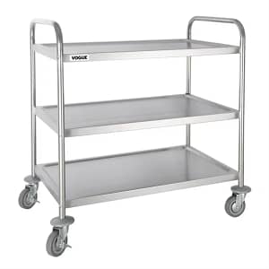 Vogue F995 Stainless Steel 3 Tier Clearing Trolley – 128kg Capacity, Braked Castors, Large Size for Commercial Use