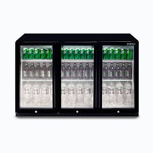 Bromic BB0330GD-NR 307L triple glass door back bar fridge with LED lighting.