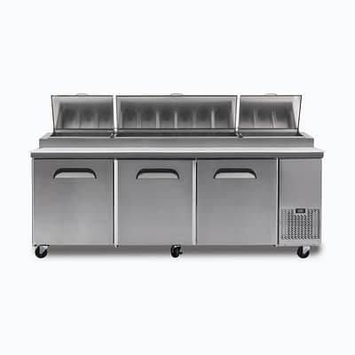 Bromic PP2370 Pizza Prep Fridge with 3 Solid Doors, 12 GN 1/3” Pans, and 480mm Removable Cutting Board