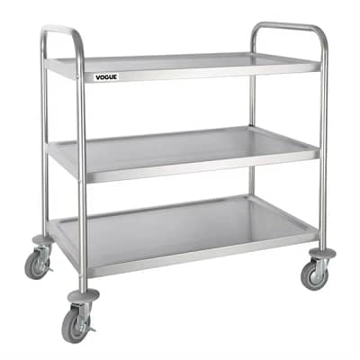 Vogue F995 Stainless Steel 3 Tier Clearing Trolley – 128kg Capacity, Braked Castors, Large Size for Commercial Use