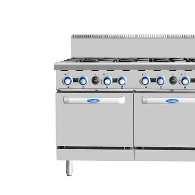 Cookrite AT80G8B-O 8-Burner Cooktop with Oven – NG/LPG Compatible.