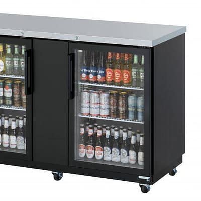 Turbo Air Super Deluxe Back Bar Cooler TBB-3SGD with glass doors and LED lighting.