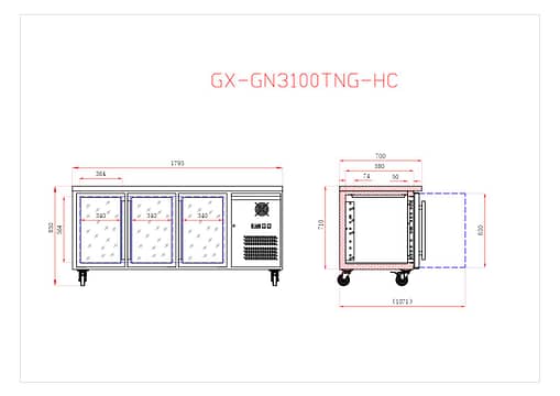 FED-X XUB7C18G3V Three Glass Door Stainless Bench Fridge – 417L, Fan Forced
