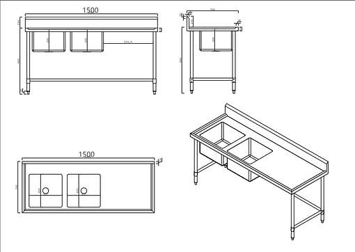 Kitchen Knock Full Stainless Steel Double Left Sink Bench – 1500mm - Image 2
