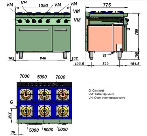 Fagor 700 series natural gas 6 burner with gas oven and neutral cabinet under CG7-61H (CG7-61H) - Image 2