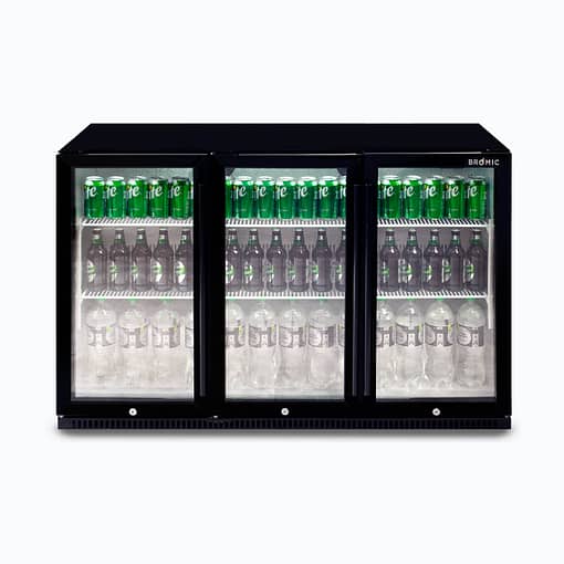 Bromic BB0330GD-NR 307L triple glass door back bar fridge with LED lighting.
