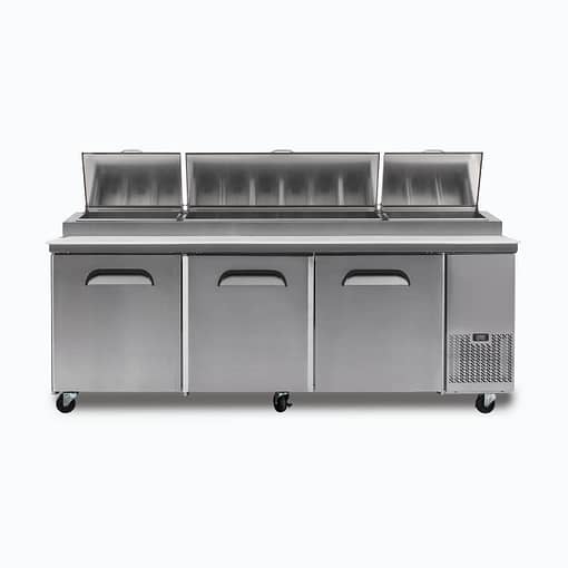 Bromic PP2370 Pizza Prep Fridge with 3 Solid Doors, 12 GN 1/3” Pans, and 480mm Removable Cutting Board