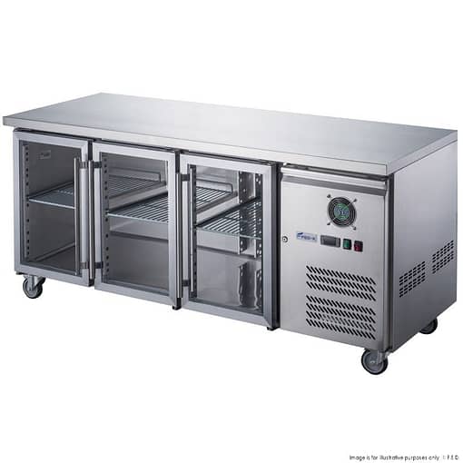FED-X XUB7C18G3V Three Glass Door Stainless Bench Fridge – 417L, Fan Forced - Image 2