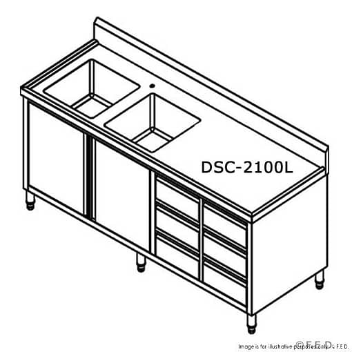 FED DSC-2100L-H Stainless Steel Kitchen Tidy Cabinet – Double Left Sinks, Storage & Splashback - Image 2