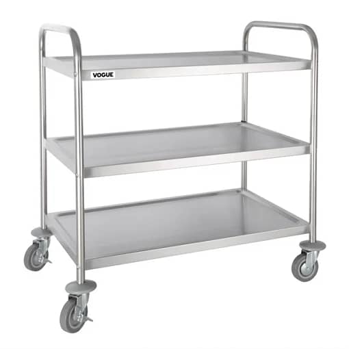 Vogue F995 Stainless Steel 3 Tier Clearing Trolley – 128kg Capacity, Braked Castors, Large Size for Commercial Use