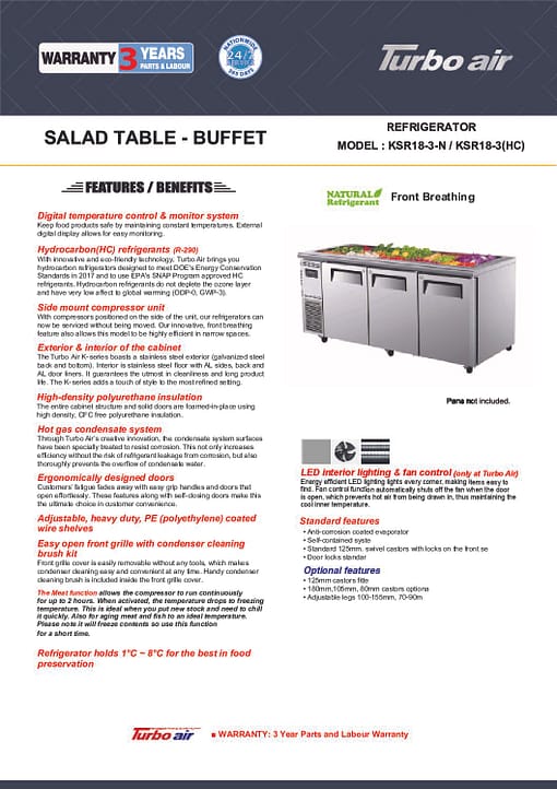 Turbo Air KSR18-3(HC) 3-Door Salad Buffet Table, 1800mm Wide - Image 2