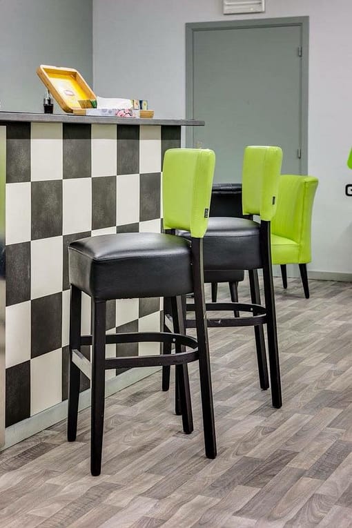 Memphis Club Barstool - Black Dolaro Vinyl Seat and Backrest - Natural Frame - Image 4