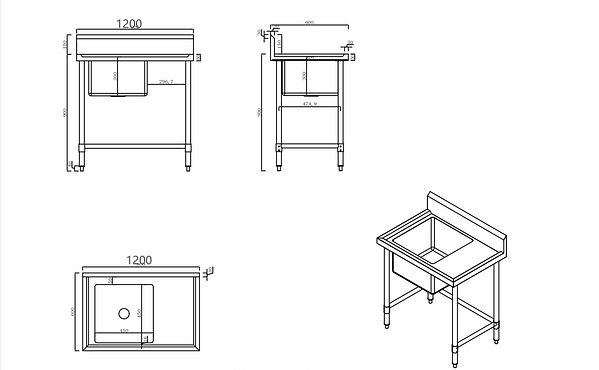 Kitchen Knock 1200mm Left Sink Bench – 304 SS, Leg Brace - Image 2