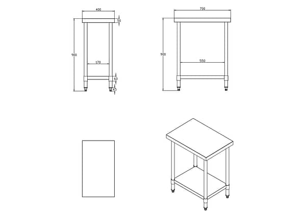 Kitchen Knock Stainless Steel Work Bench with Timber Layer Flat 400x700mm - Image 2