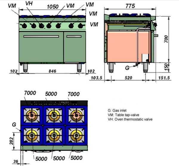 Fagor 700 series natural gas 6 burner with gas oven and neutral cabinet under CG7-61H (CG7-61H) - Image 2