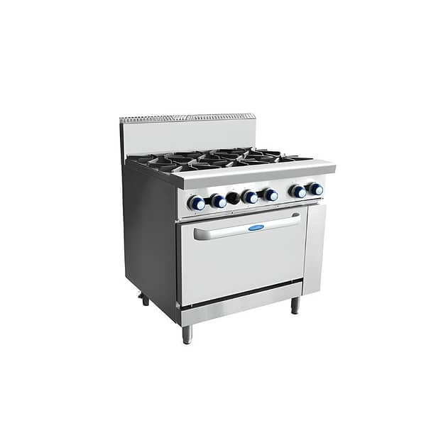 Cookrite AT80G6B-O 6 burner gas cooktop with static oven, stainless steel design, suitable for commercial kitchens using LPG or NG