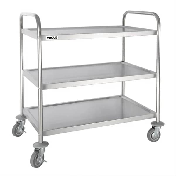 Vogue F995 Stainless Steel 3 Tier Clearing Trolley – 128kg Capacity, Braked Castors, Large Size for Commercial Use