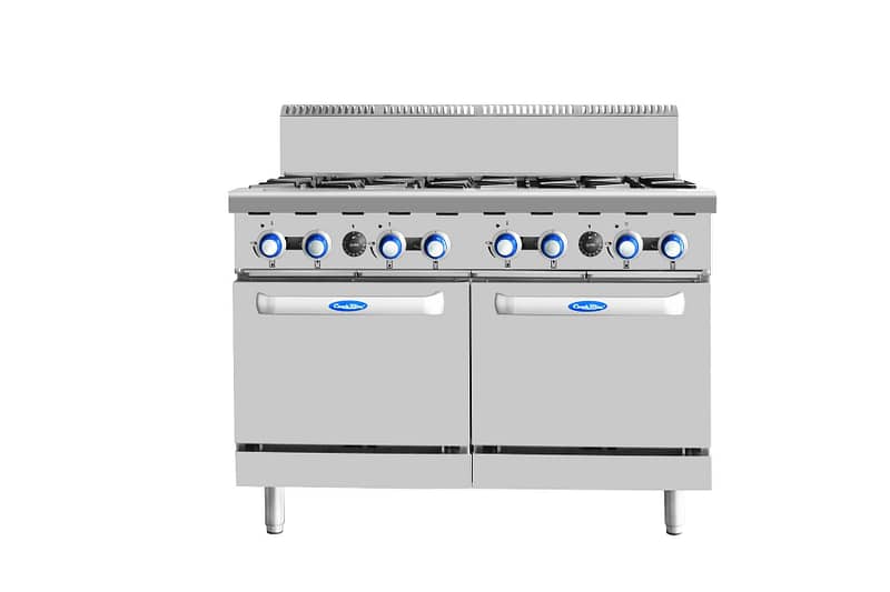 Cookrite AT80G8B-O 8-Burner Cooktop with Oven – NG/LPG Compatible.
