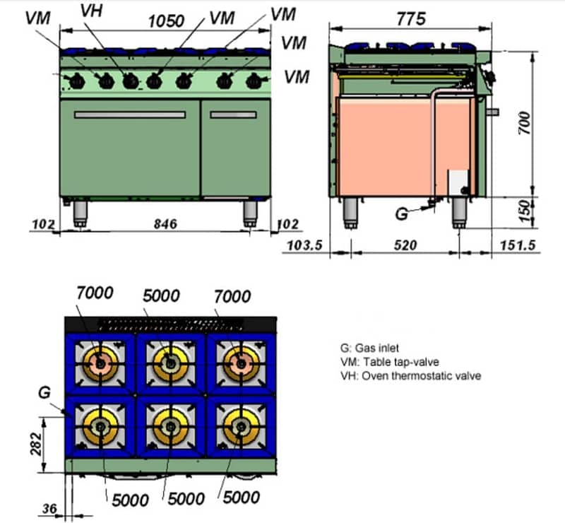 Fagor 700 series natural gas 6 burner with gas oven and neutral cabinet under CG7-61H (CG7-61H) - Image 2