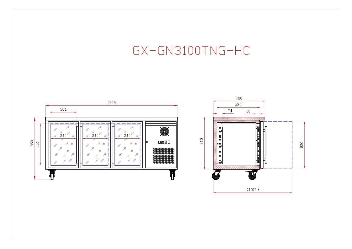 FED-X XUB7C18G3V Three Glass Door Stainless Bench Fridge – 417L, Fan Forced