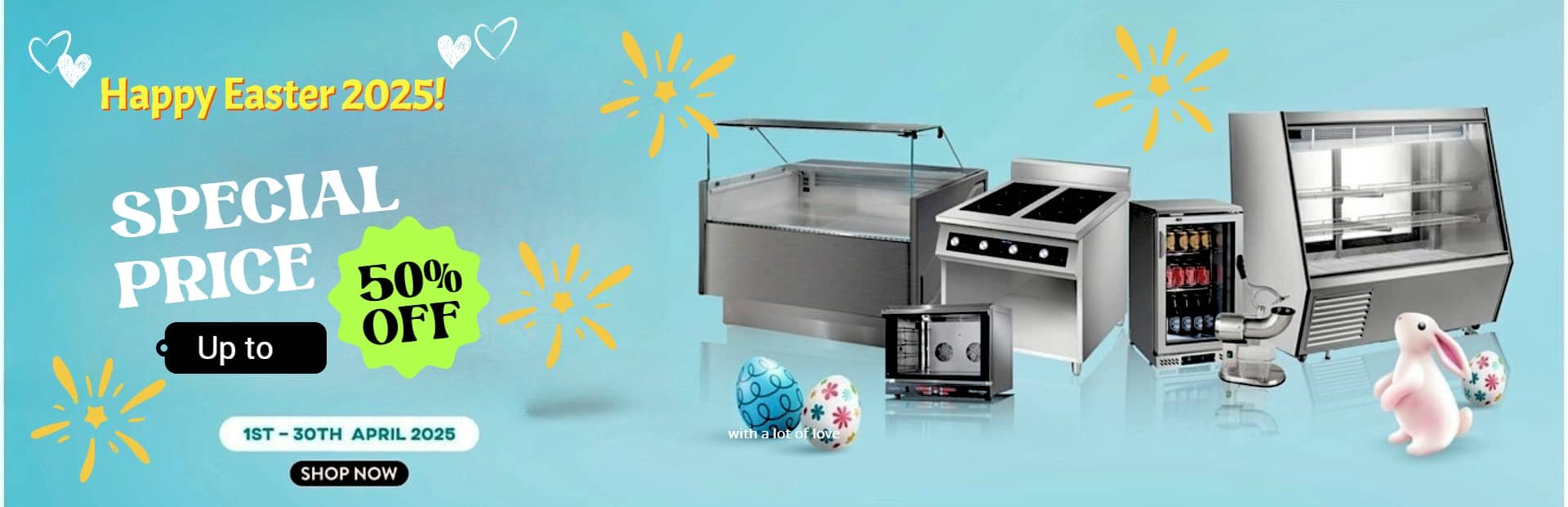 KW Commercial April Easter Sale Banner featuring commercial kitchen equipment with up to 50% off promotion