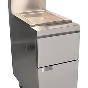 The Culinaire CH.CD.35AS is a 400mm wide chip dump station with quartz infrared heating, a curved tray for aeration, and GN pan compatibility – ideal for busy fryer lines.
