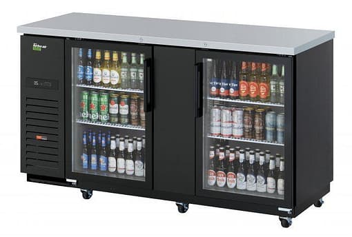 Turbo Air Super Deluxe Back Bar Cooler TBB-3SGD with glass doors and LED lighting.