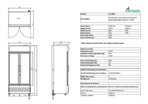Thermaster Double Glass Door Colourbond Upright Drink Fridge LG-580P