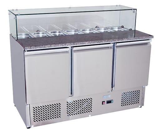 Atosa ESL3864 3-Door Pizza Table Saladette Fridge with Marble Prep Table