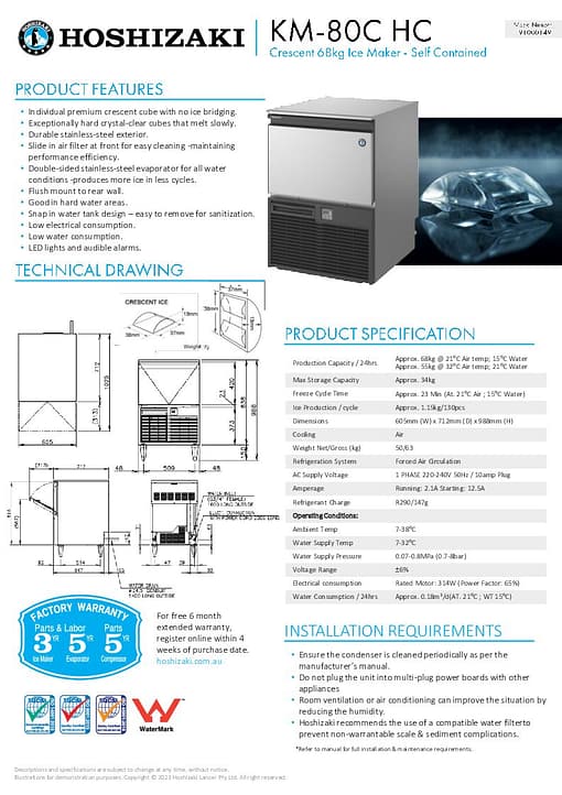 Hoshizaki KM-80C-HC - Self Contained Crescent Cube Ice Machine 68kg / 24Hr