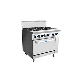 Cookrite AT80G6B-O 6 burner gas cooktop with static oven, stainless steel design, suitable for commercial kitchens using LPG or NG