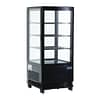 Polar CX577-A C-Series countertop display fridge 68L black with LED lighting, glass sides – front view, Australia