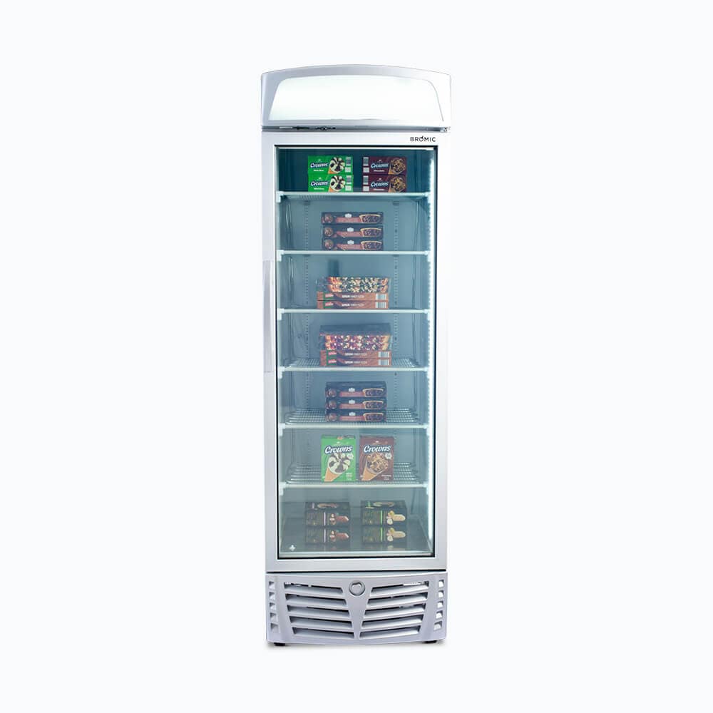 Bromic UF0440LS-NR 480L display freezer with illuminated lightbox for branding