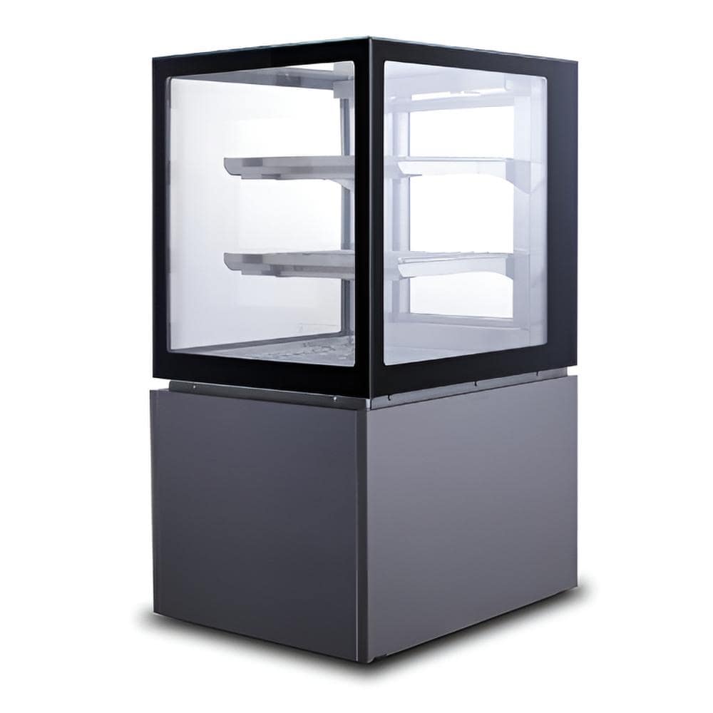 Anvil NDHV3740 385L 3 tier square glass hot display with black stainless steel body, warm lighting and rear sliding doors.