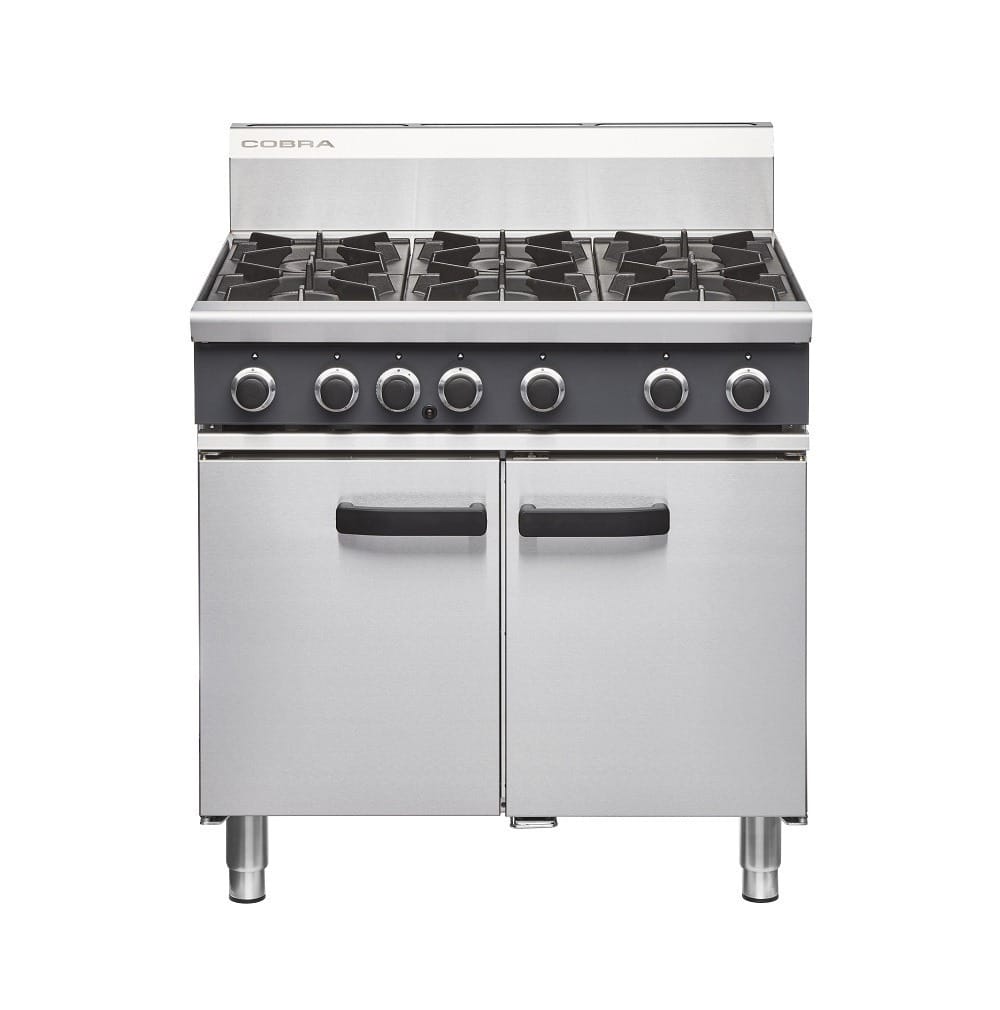 Cobra CR9D gas 6-burner cooktop with 2/1 GN static oven, 900mm width, 160MJ/h, stainless steel – front view, Australia