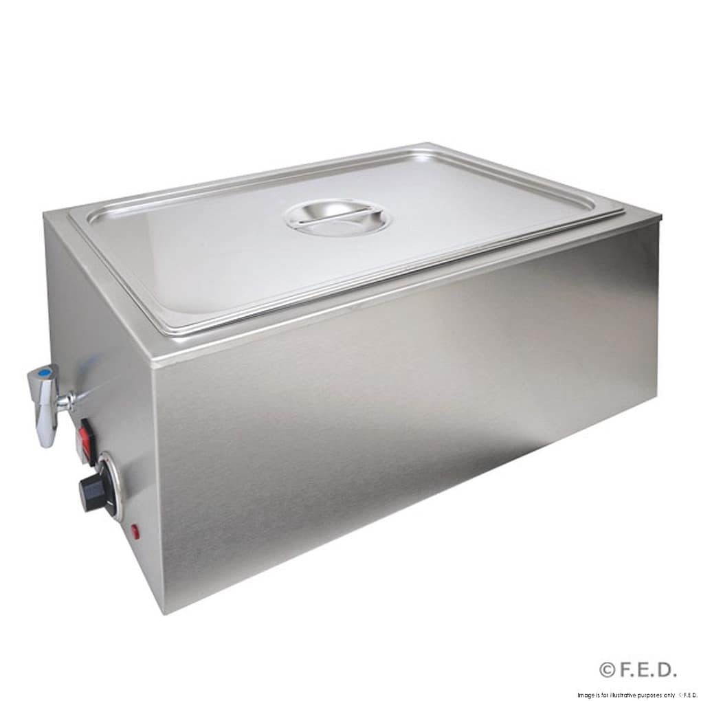 Countertop wet bain marie with GN 1/1 pan, lid, drain tap and thermostat