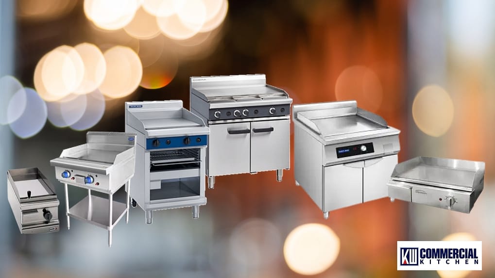 Chef cooking smash burgers on a chrome commercial griddle in a busy Australian café kitchen