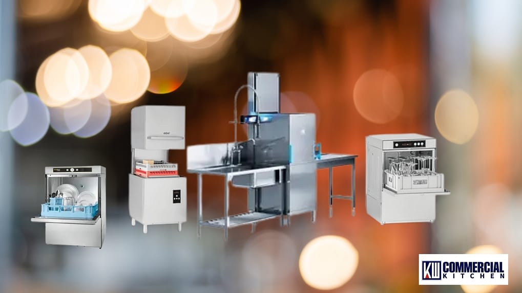 Pass-through commercial dishwasher running in a busy Australian restaurant dish pit with racks of clean plates and steam rising