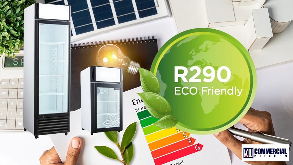 R290 eco-friendly glass-door merchandiser fridges — single and countertop — shown with an energy-rating backdrop for Australian venues.