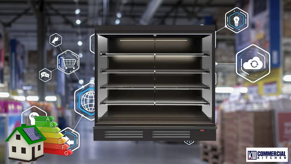 Open multideck display fridge with LED shelves in a retail aisle, energy‑rating and smart‑retail icons, Australia.