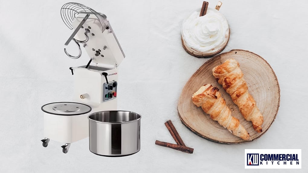 Two‑speed spiral dough mixer with guarded bowl and emergency stop in an Australian bakery
