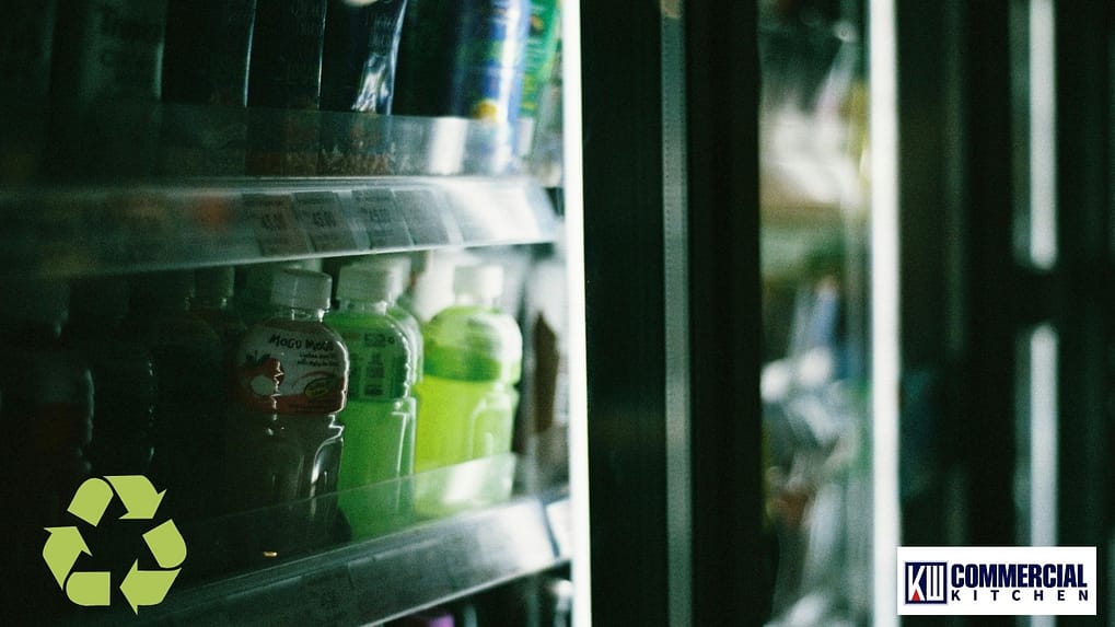 Close‑up of a glass‑door commercial display fridge with chilled beverages, illustrating energy‑efficient refrigerated cabinets compliant with GEMS 2024 in Australia.