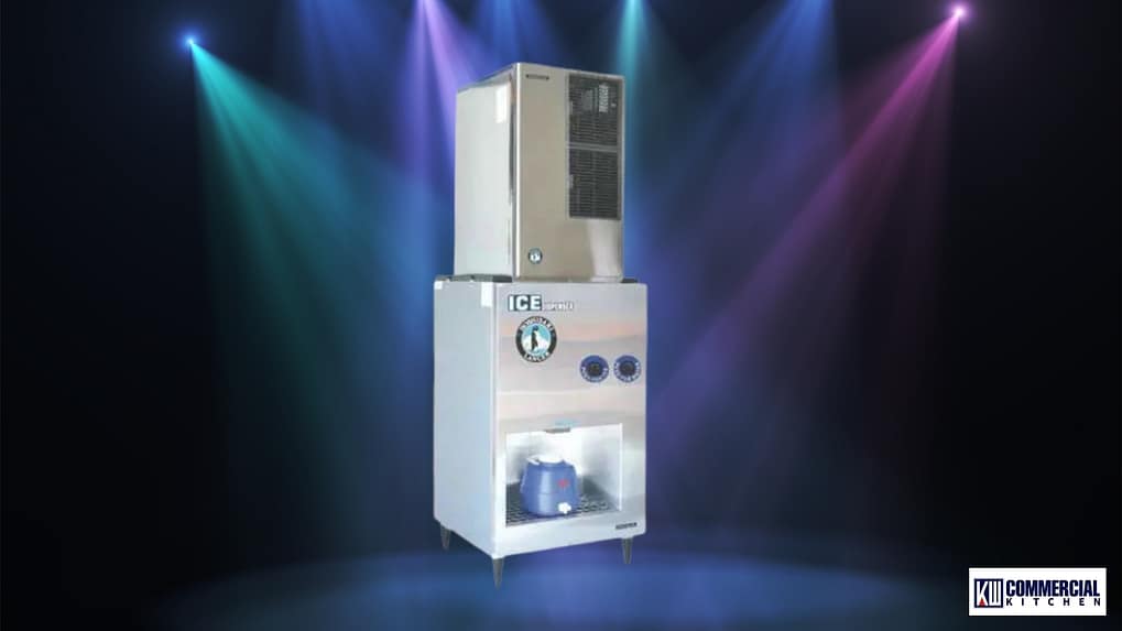 Modular commercial ice machine head on dispenser bin with hands‑free outlet